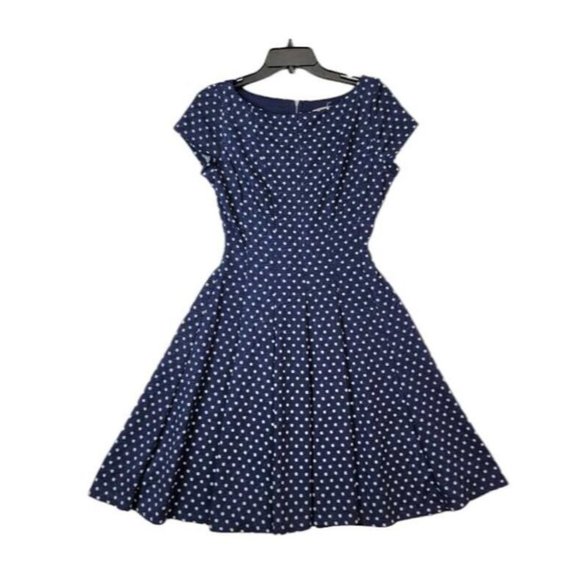 Danny & Nicole Navy Blue Dress Size 6 Women Fit n Flare Dot Short Sleeves Career - Picture 8 of 8
